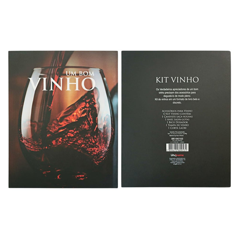 Kit Vinho Abridor Dosador Saca Rolhas Tampa Livro 05 Peças